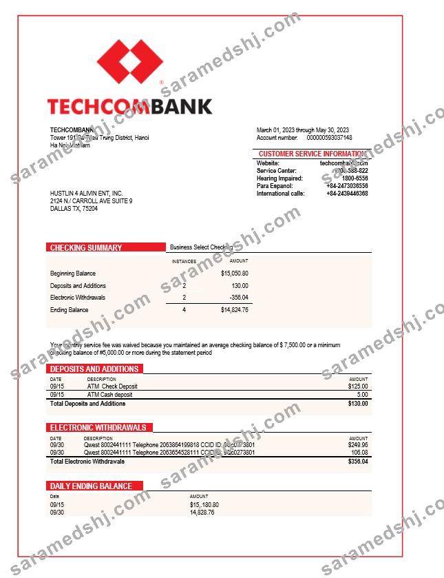 Techcombank corporate checking account statement Word and PDF template